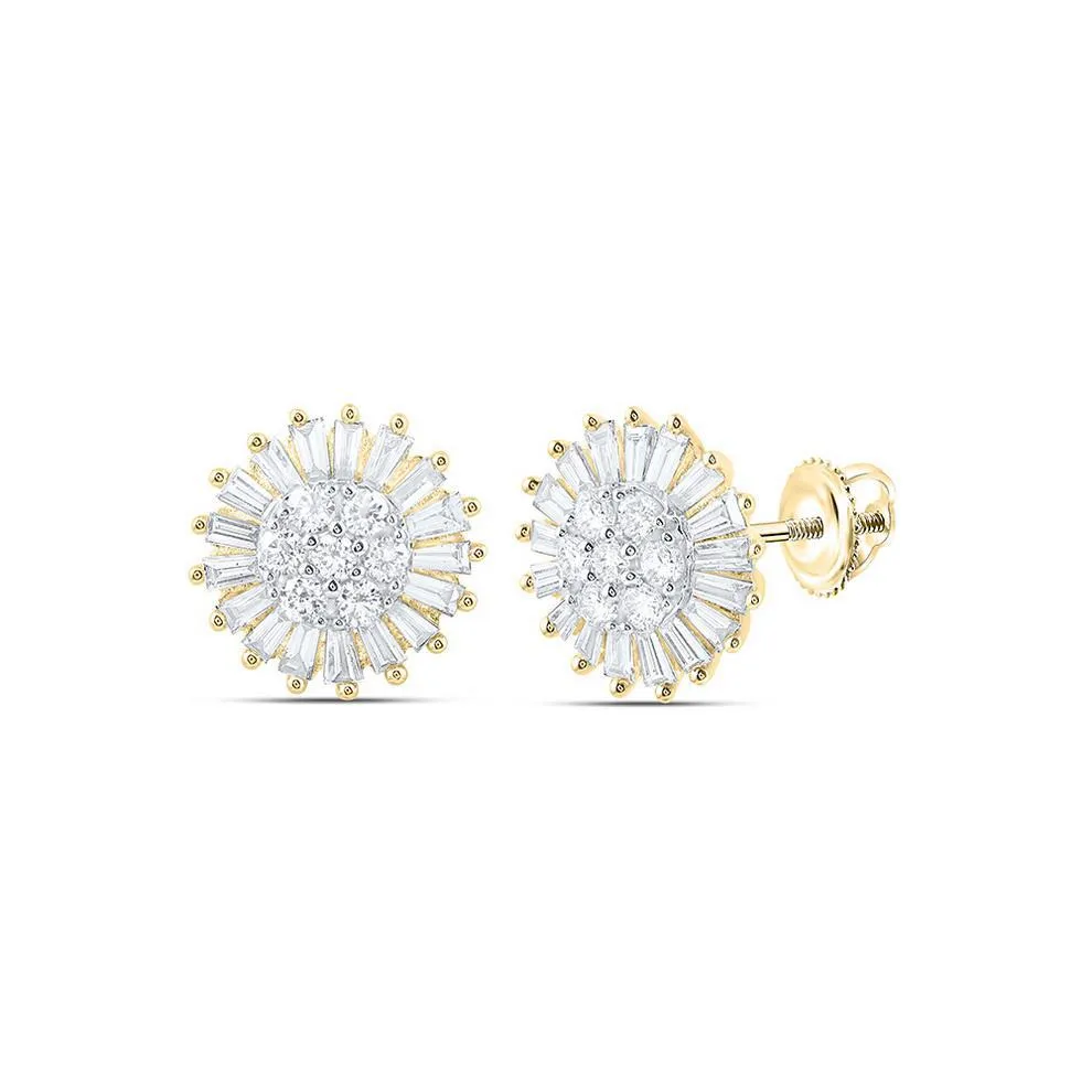 0.62Cttw Baguette Round Diamond Flower Stud Earrings 14k Yellow Gold Screw Back