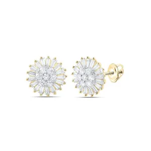 0.62Cttw Baguette Round Diamond Flower Stud Earrings 14k Yellow Gold Screw Back