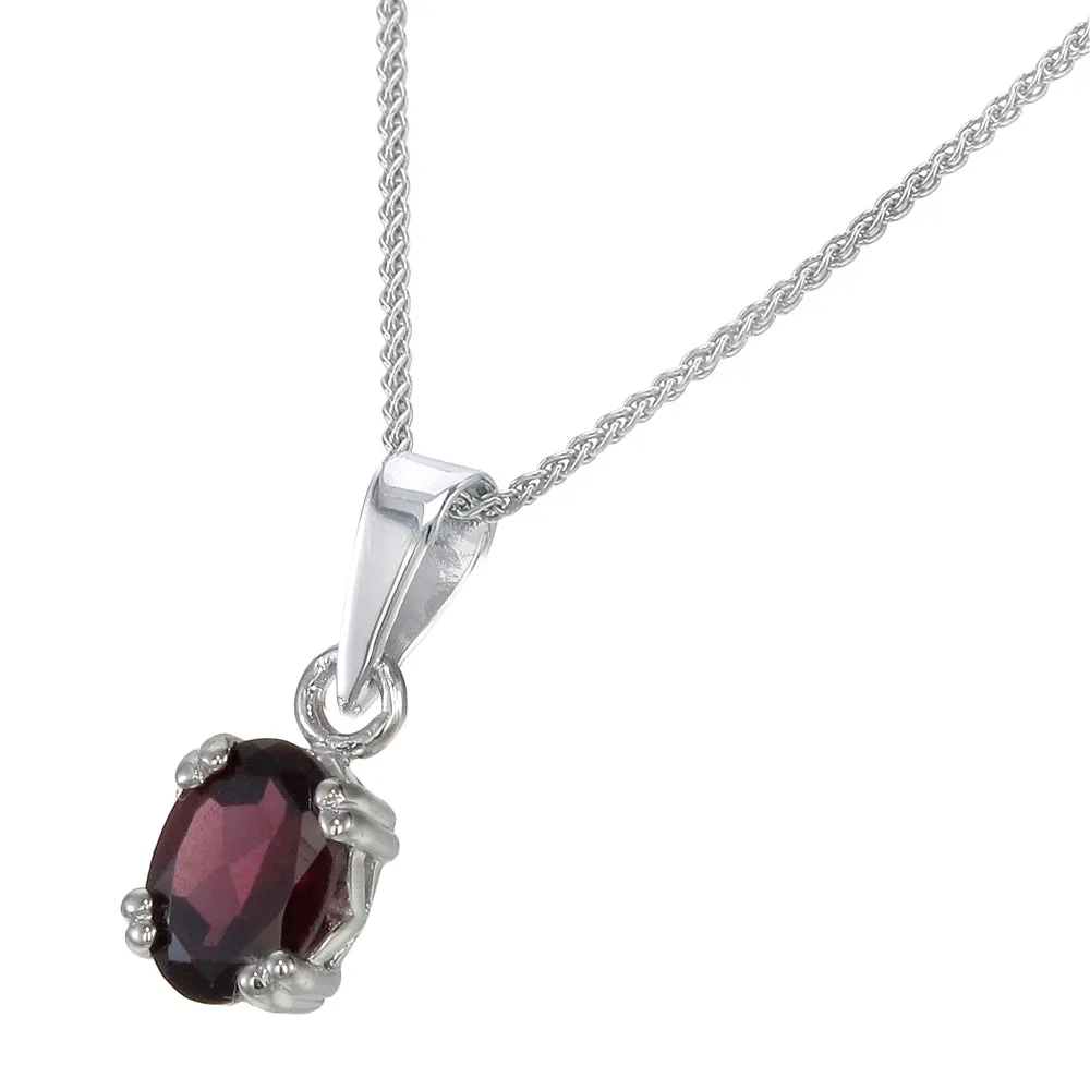 0.70 cttw Pendant Necklace, Garnet Oval Pendant Necklace for Women in .925 Sterling Silver with Rhodium, 18 Inch Chain, Prong Setting