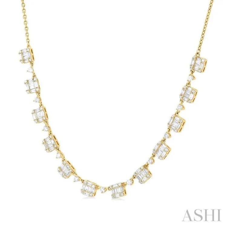 1 1/2 ctw Fusion Baguette and Round Cut Diamond Necklace in 14K Yellow Gold