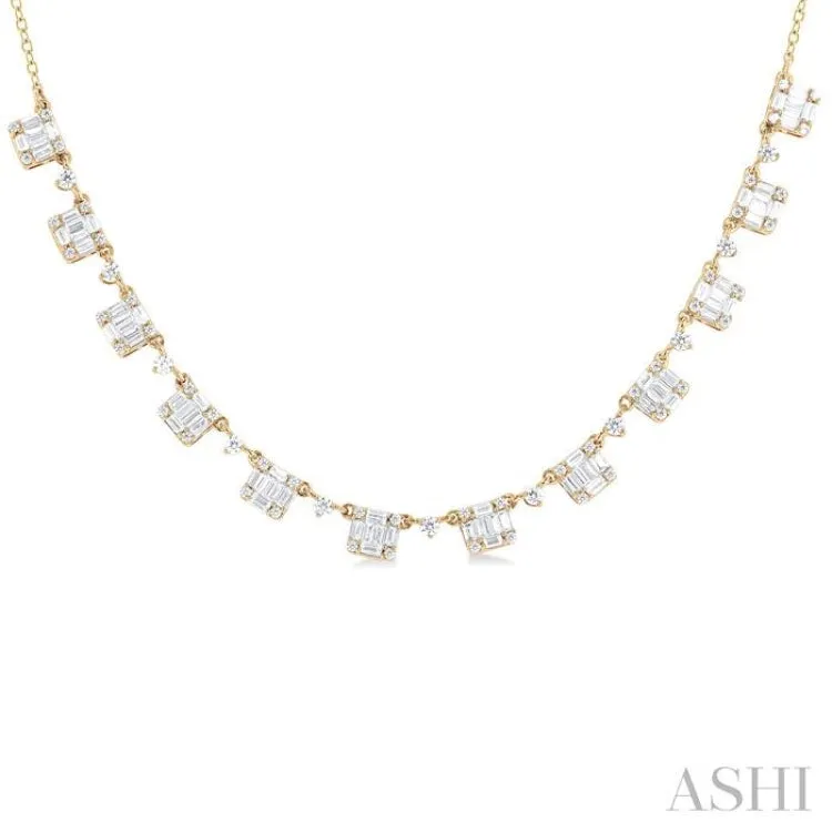 1 1/2 ctw Fusion Baguette and Round Cut Diamond Necklace in 14K Yellow Gold