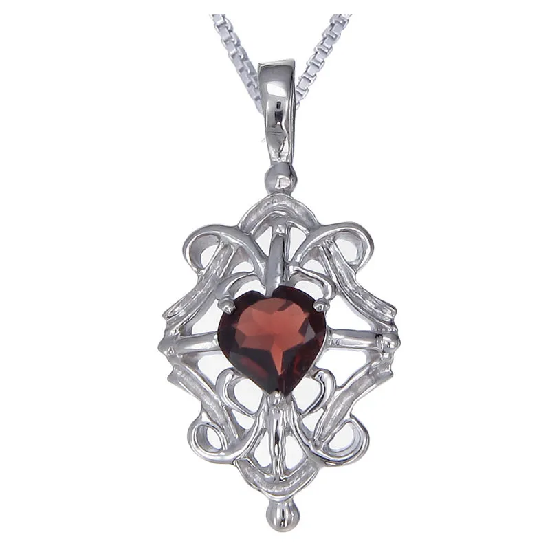 1 cttw Pendant Necklace, Garnet Heart Pendant Necklace for Women in .925 Sterling Silver with Rhodium, 18 Inch Chain, Prong Setting