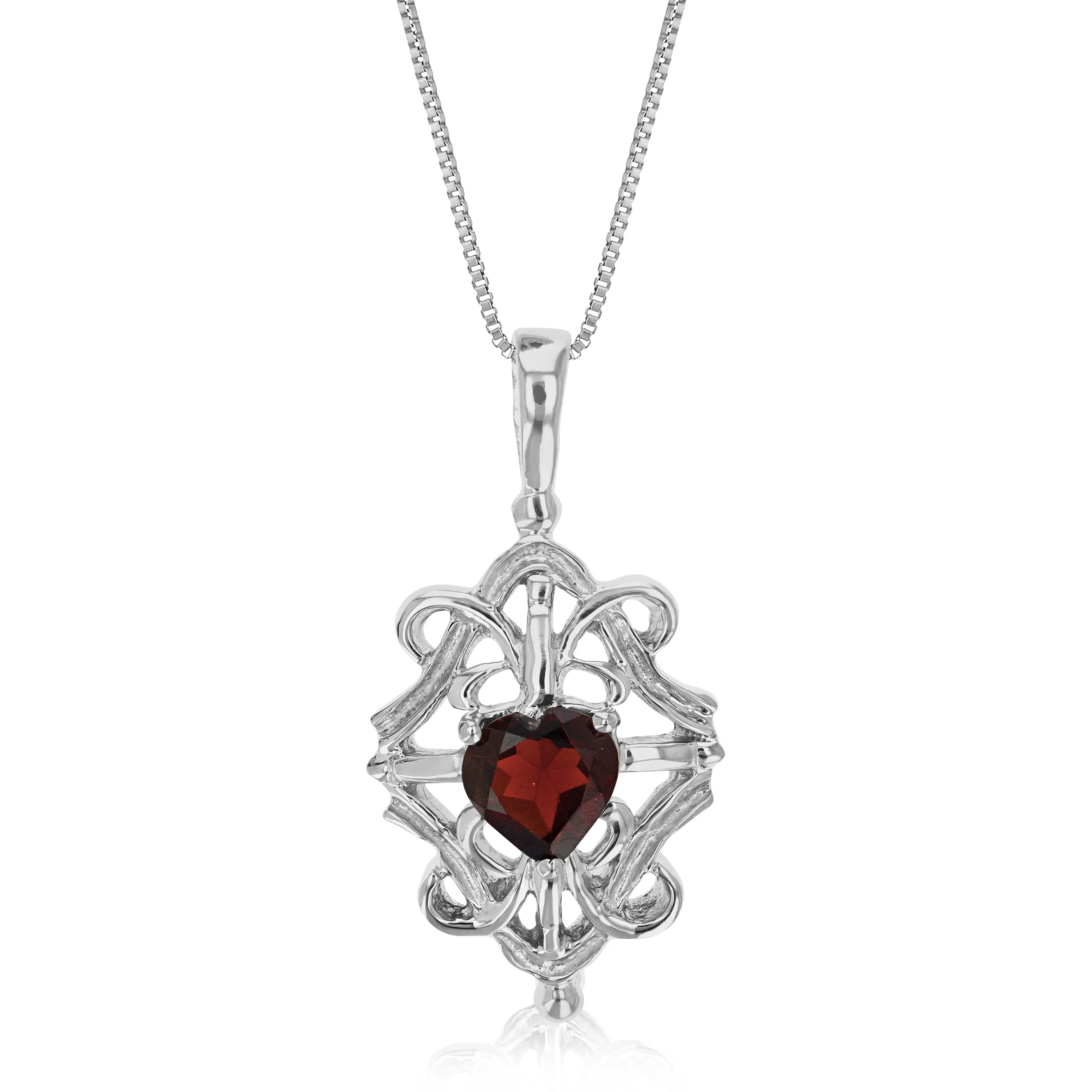 1 cttw Pendant Necklace, Garnet Heart Pendant Necklace for Women in .925 Sterling Silver with Rhodium, 18 Inch Chain, Prong Setting