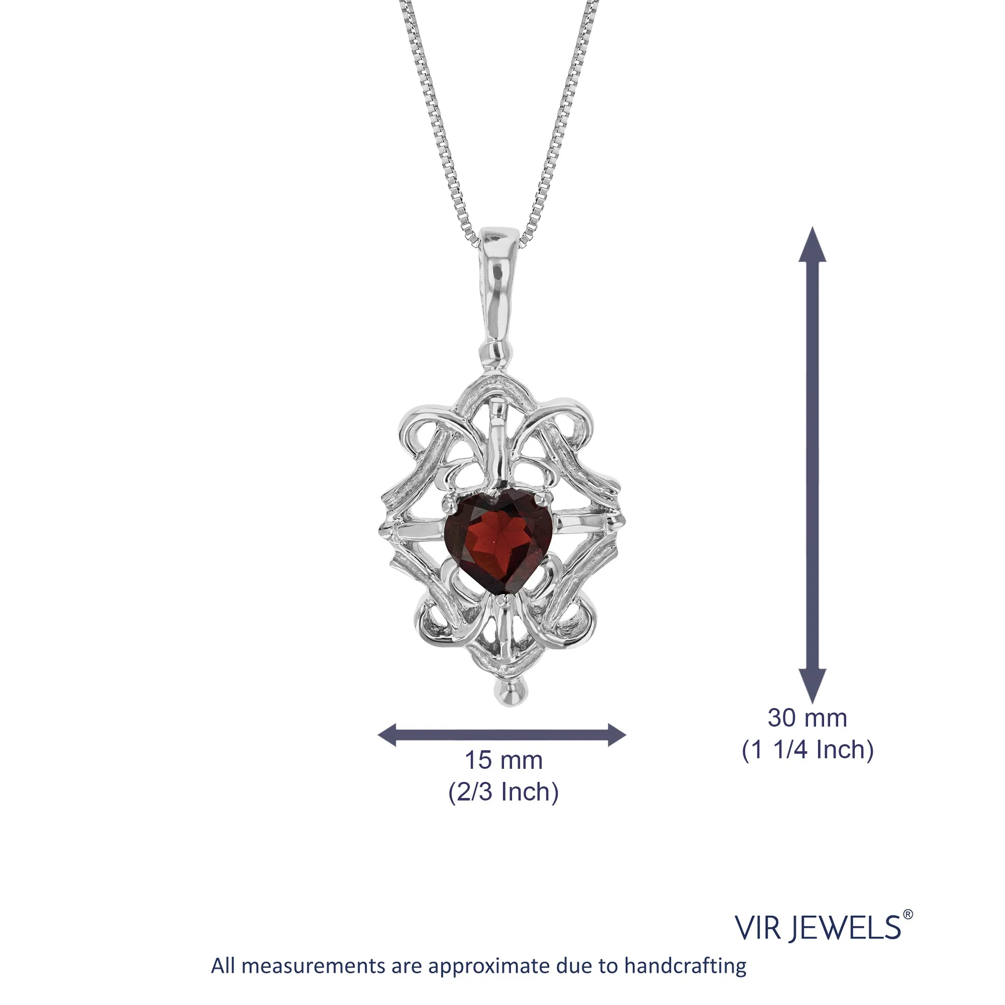 1 cttw Pendant Necklace, Garnet Heart Pendant Necklace for Women in .925 Sterling Silver with Rhodium, 18 Inch Chain, Prong Setting