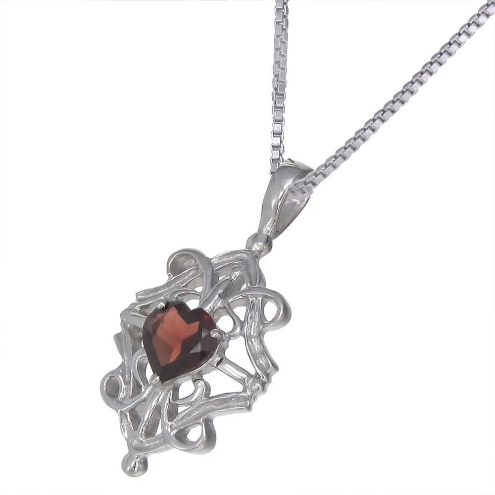 1 cttw Pendant Necklace, Garnet Heart Pendant Necklace for Women in .925 Sterling Silver with Rhodium, 18 Inch Chain, Prong Setting