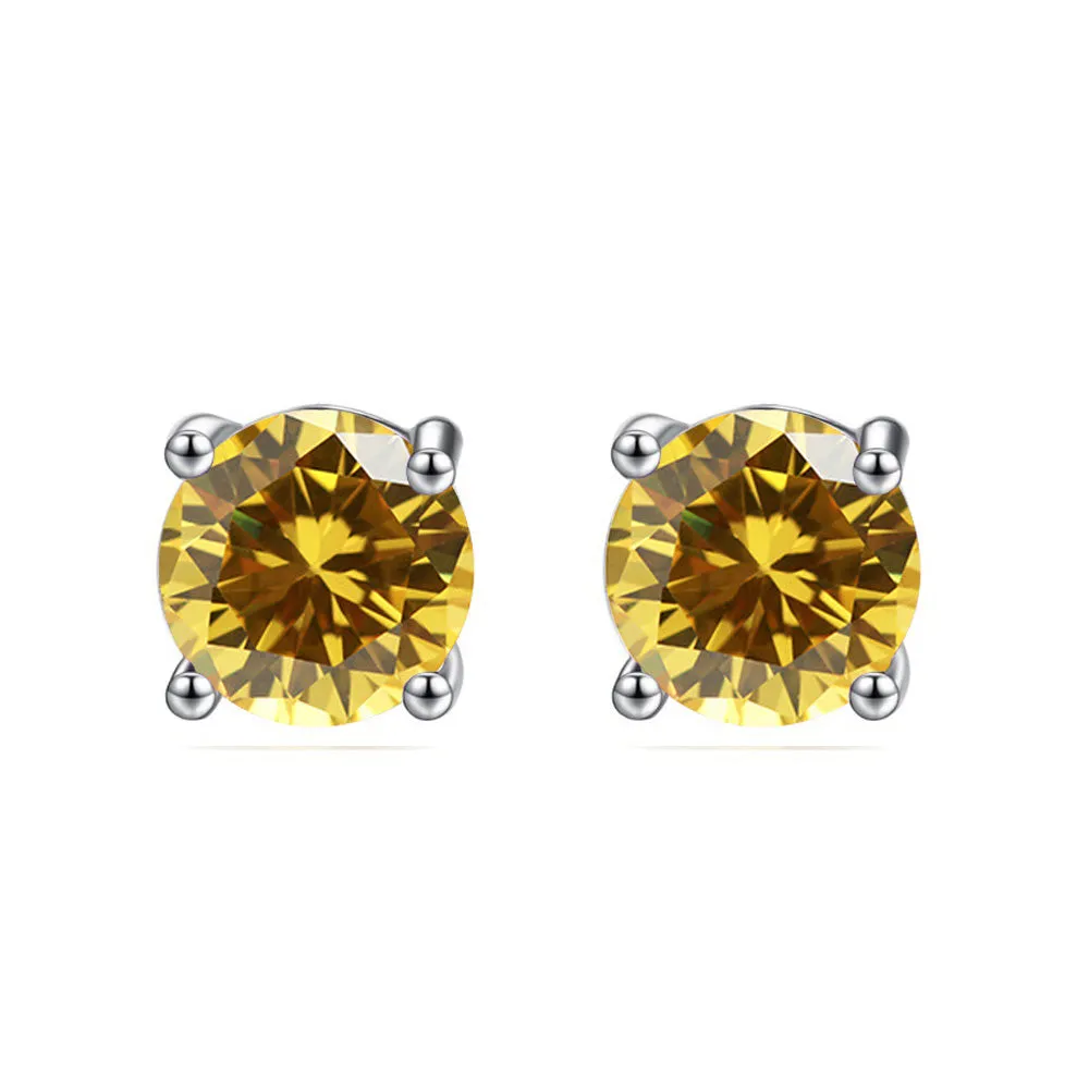 10k White Gold Plated 3 Carat Round Created Citrine Sapphire Stud Earrings