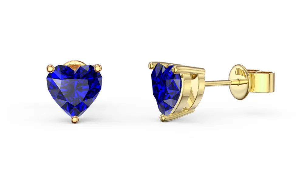 10k Yellow Gold Plated 4 Carat Heart Created Blue Sapphire Stud Earrings