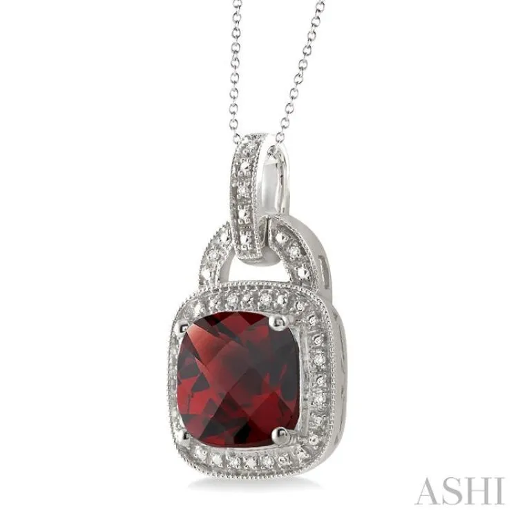 10x10mm Cushion Cut Garnet and 1/20 Ctw Single Cut Diamond Pendant in Sterling Silver with Chain