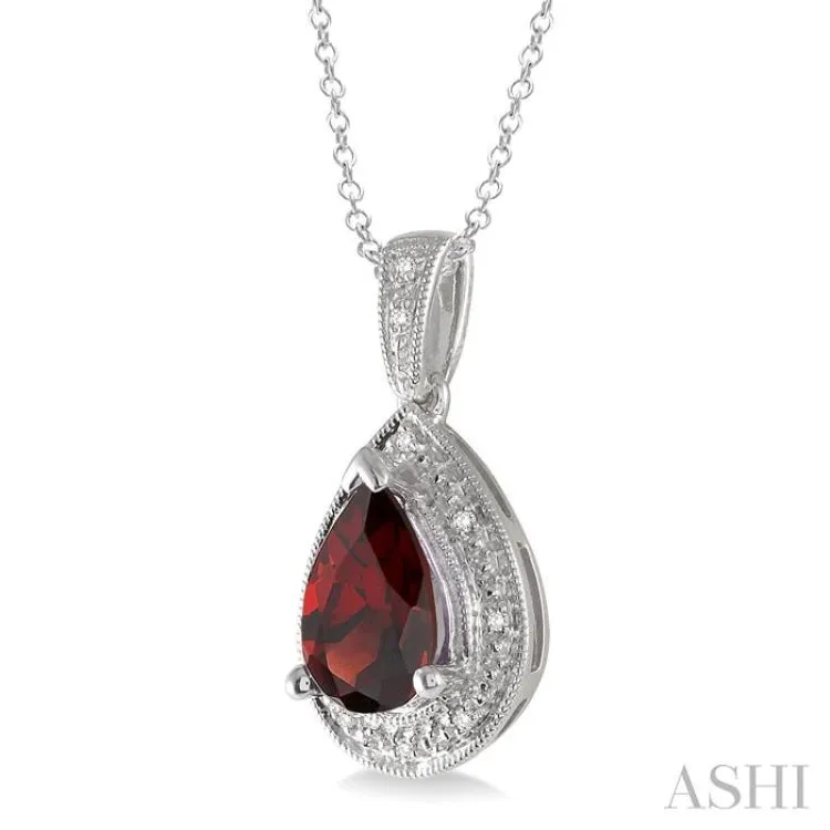 10x7 MM Pear Shape Garnet and 1/20 Ctw Single Cut Diamond Pendant in Sterling Silver with chain