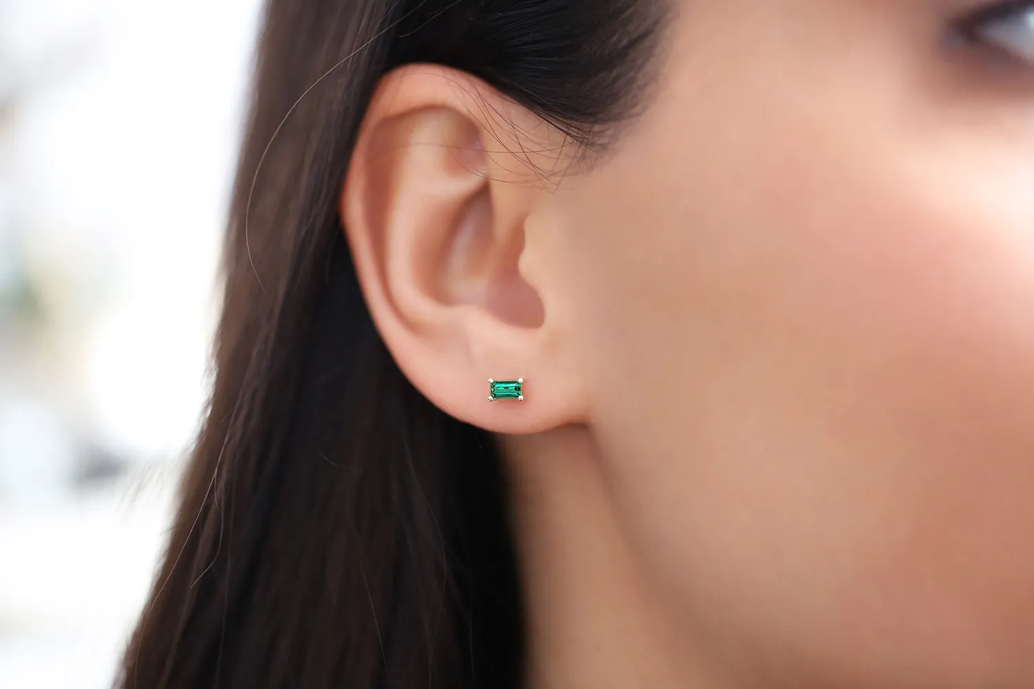 14K Gold Baguette Cut Emerald Studs