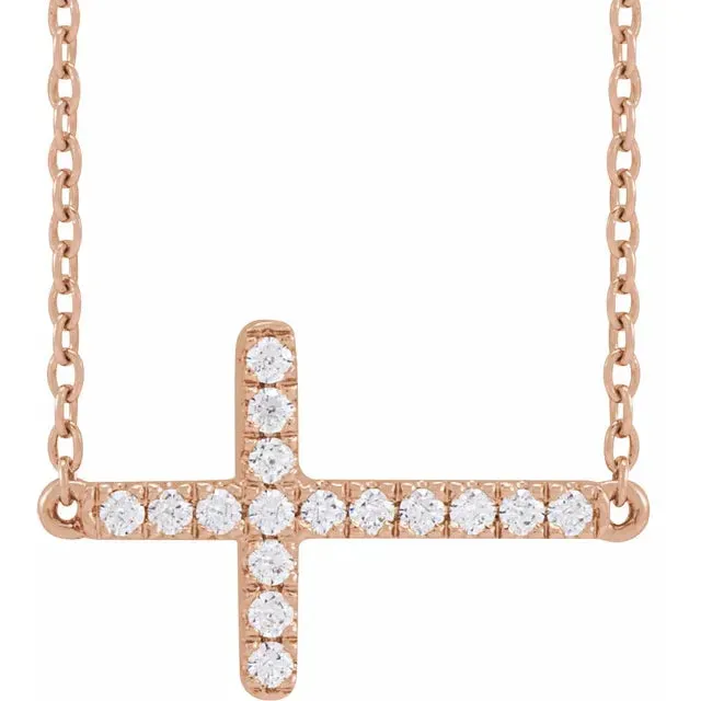 14K Rose Gold 1/6 CTW Lab-Grown Diamond Sideways Cross Necklace