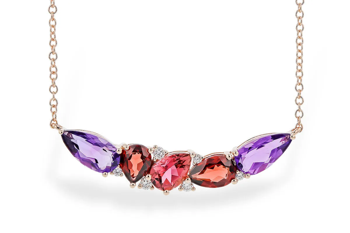 14K Rose Gold Amethyst, Garnet, Pink Tourmaline Curve Necklace