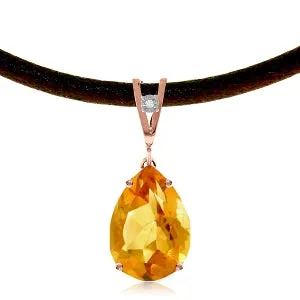 14K Solid Rose Gold & Leather Diamond/Citrine Pear Cut Necklace