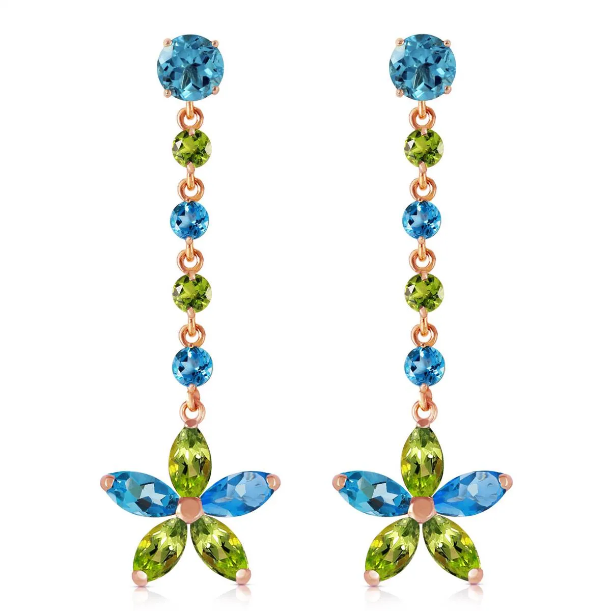 14K Solid Rose Gold Chandelier Earrings w/ Natural Blue Topaz & Peridots