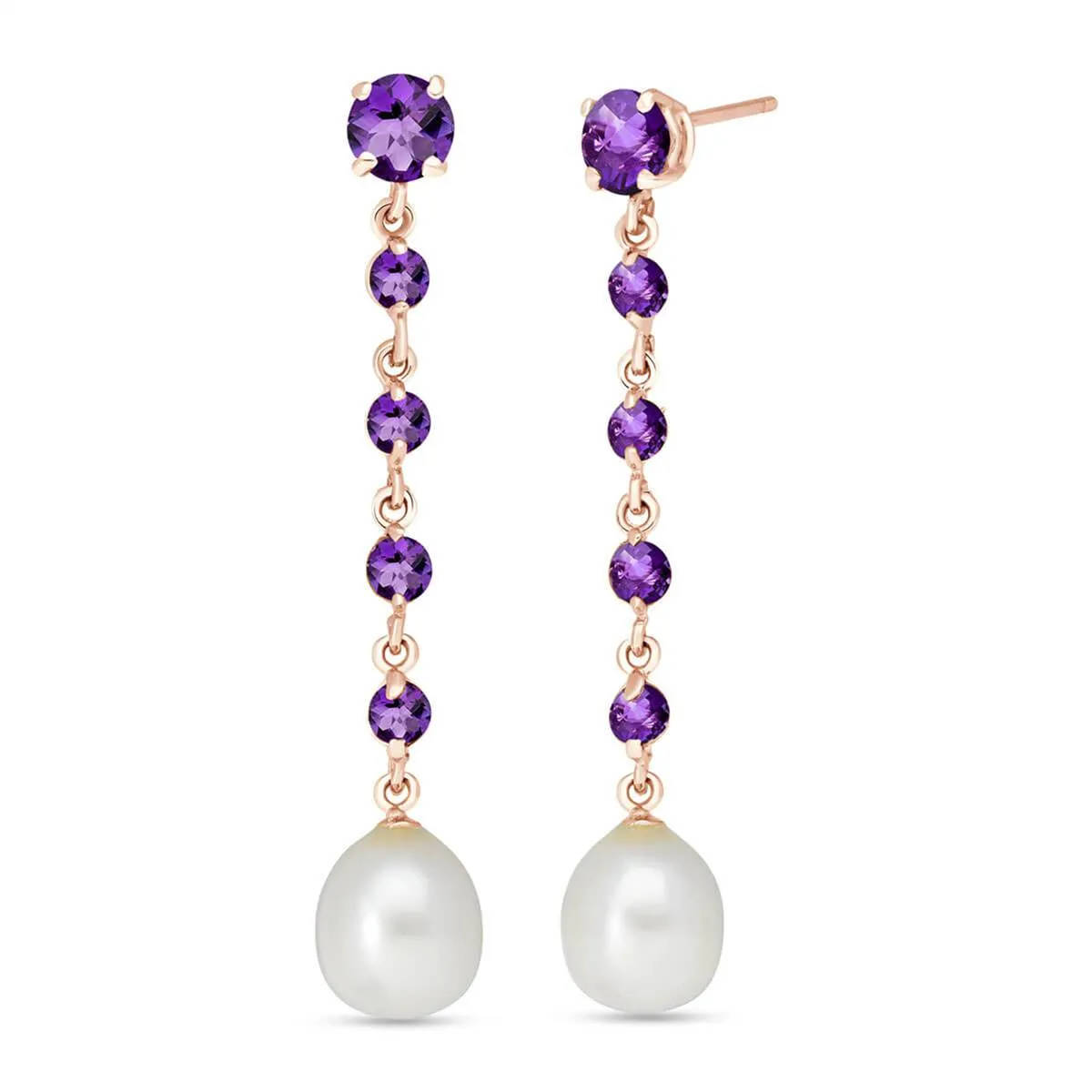 14K Solid Rose Gold Chandelier Pearl & Amethyst Earrings