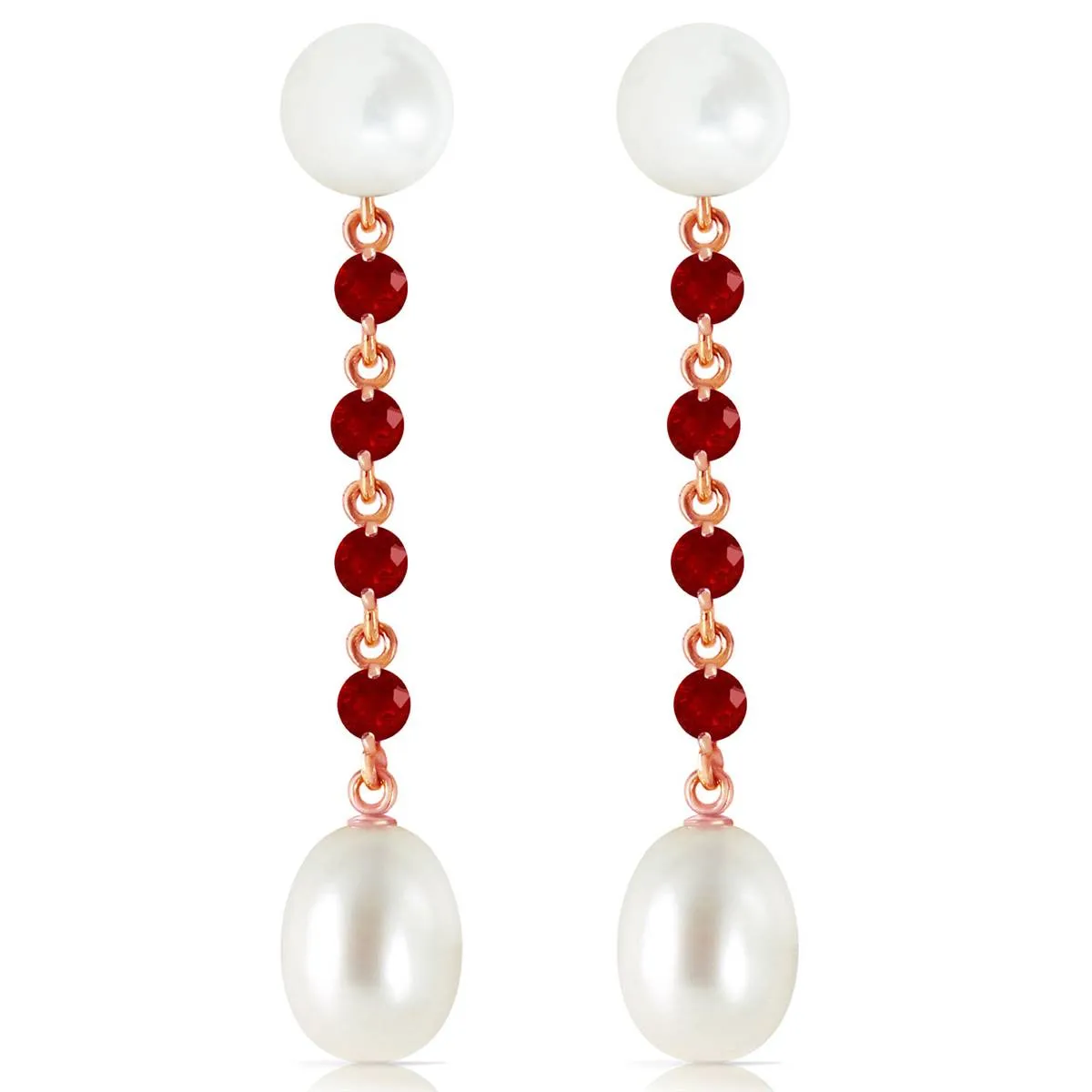 14K Solid Rose Gold Chandelier Ruby/Pearl Earrings