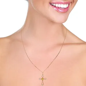 14K Solid Rose Gold Cross Necklace w/ Natural Diamonds & Citrine