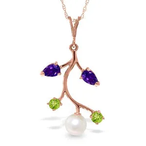 14K Solid Rose Gold Necklace w/ Amethyst, Peridots & Pearl