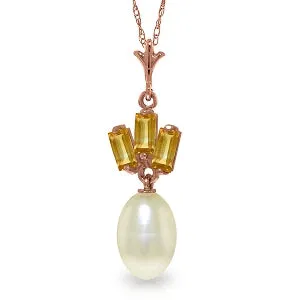 14K Solid Rose Gold Pearl & Citrine Necklace Gemstone