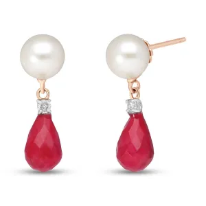 14K Solid Rose Gold Stud Earrings w/ Diamonds, Rubies & Pearls