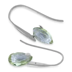 14K Solid White Gold Fish Hook Earrings w/ Dangling Briolette Green Amethysts