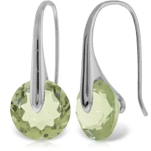 14K Solid White Gold Fish Hook Earrings w/ Green Amethyst