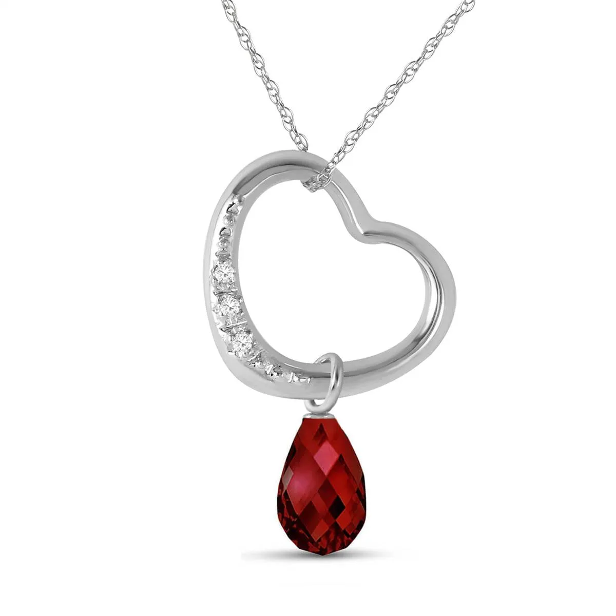 14K Solid White Gold Heart Necklace w/ Natural Diamond & Garnet