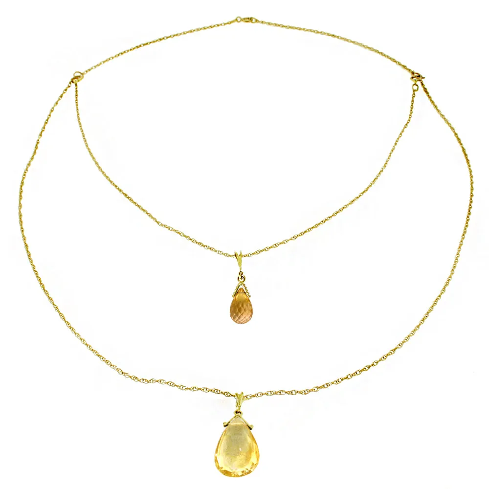 14K Solid Yellow Gold Front And Back Drop Necklace w/ Briolette Citrines