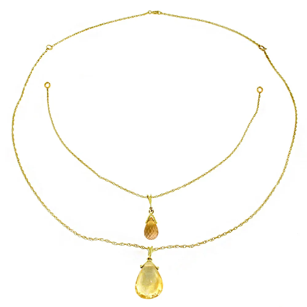 14K Solid Yellow Gold Front And Back Drop Necklace w/ Briolette Citrines