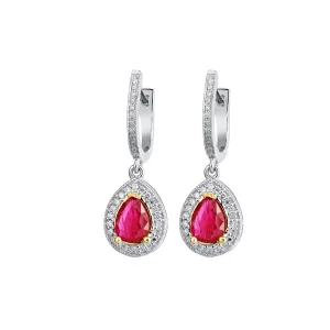 14K White and Yellow Gold Pear Ruby with Diamond Halo Hoop Earrings