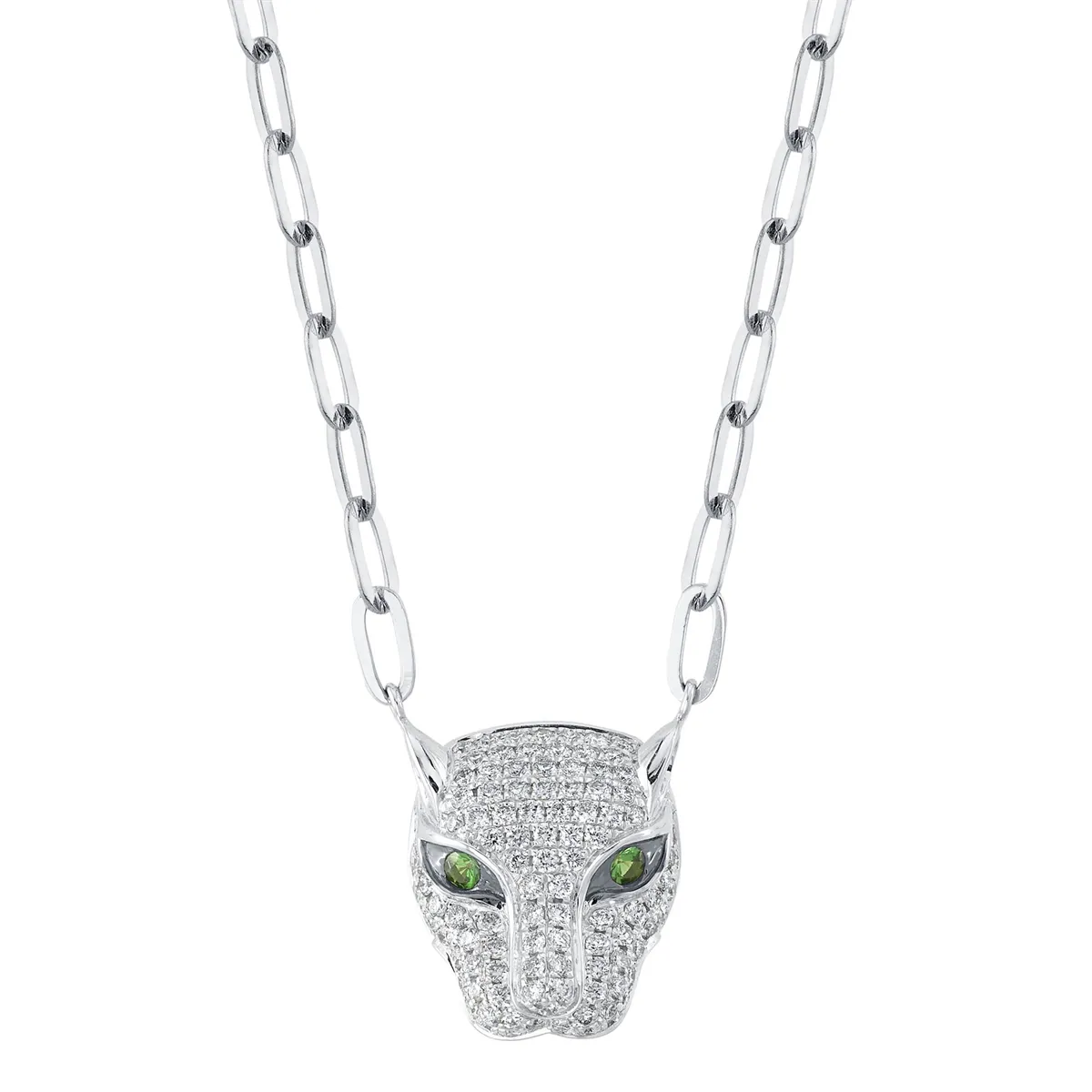 14K White Gold Diamond and Green Garnet Panther Head on Paperclip Chain Necklace