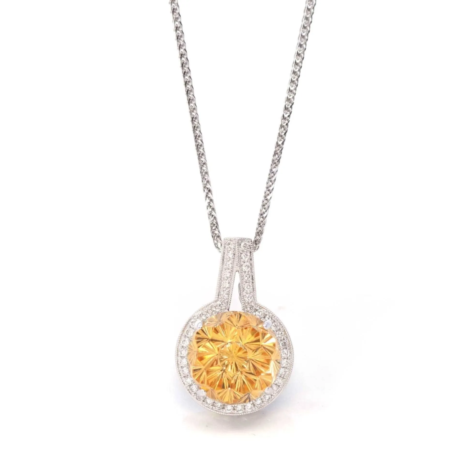 14k White Gold Genuine Fantasy Cut Citrine & Diamonds Pendant Necklace