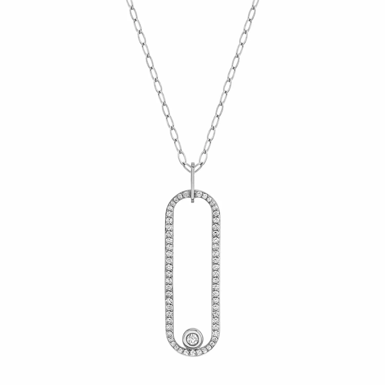 14k White Gold Long Oval Pendant 30" Chain Diamond Necklace