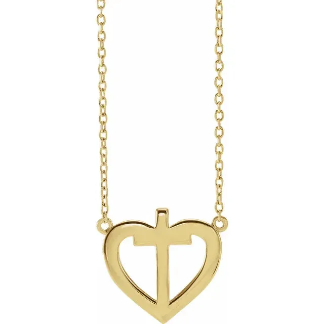 14K Yellow Gold .0025 CT Natural Diamond Heart & Cross 18" Necklace