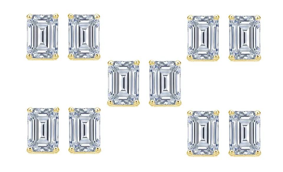 14k Yellow Gold 1Ct Emerald Cut White Sapphire Set Of Five Stud Earrings Plated