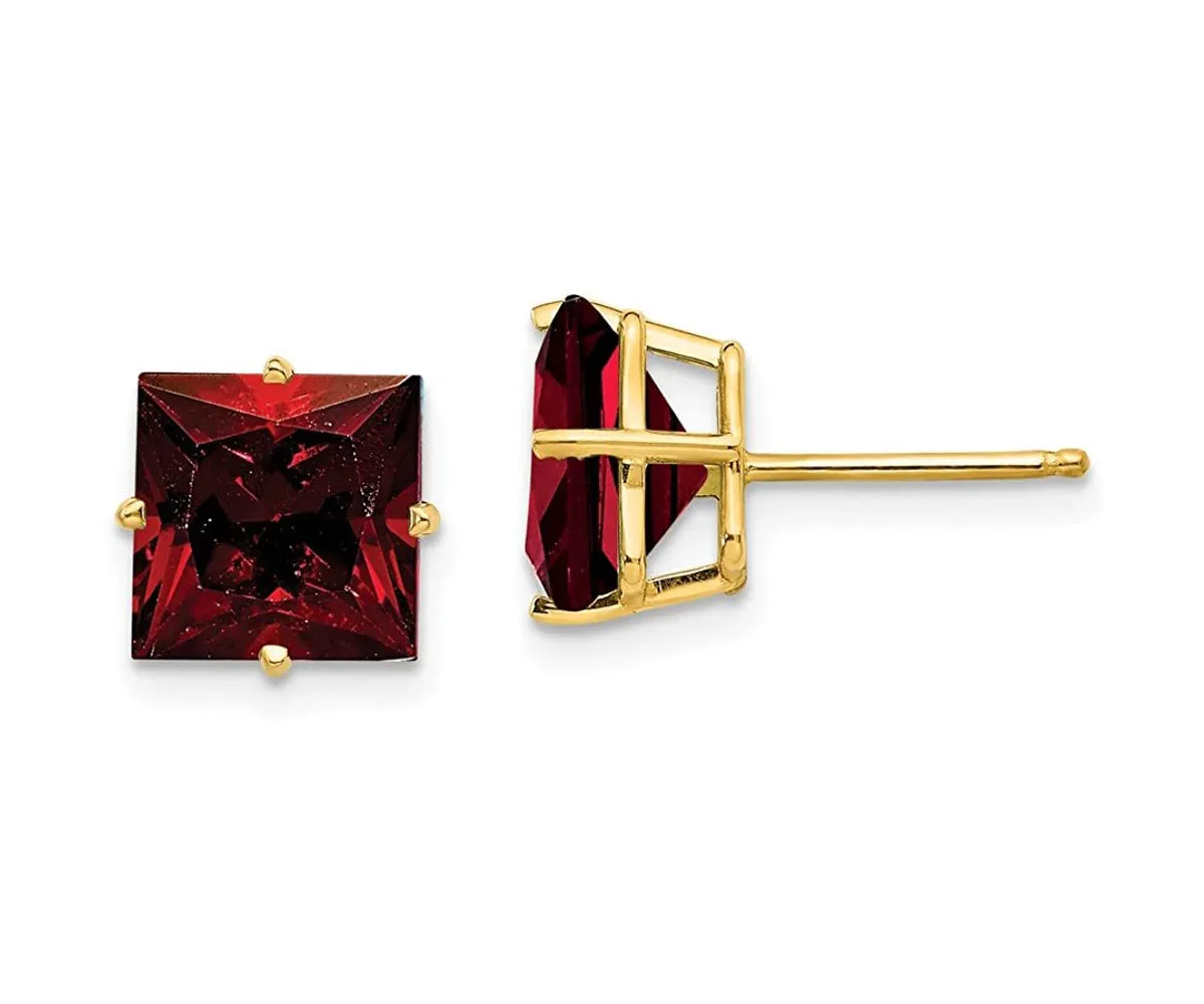 14k Yellow Gold Plated 1 Carat Princess Cut Created Garnet Sapphire Stud Earrings