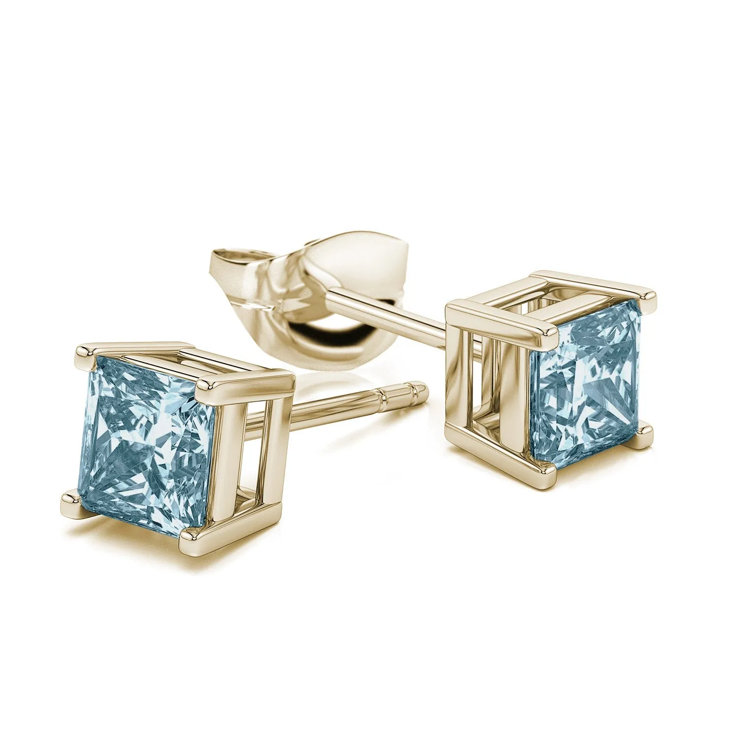 14k Yellow Gold Plated 2 Carat Princess Cut Created Aquamarine Sapphire Stud Earrings