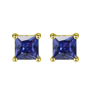 14k Yellow Gold Plated 2 Carat Square Created Blue Sapphire Stud Earrings