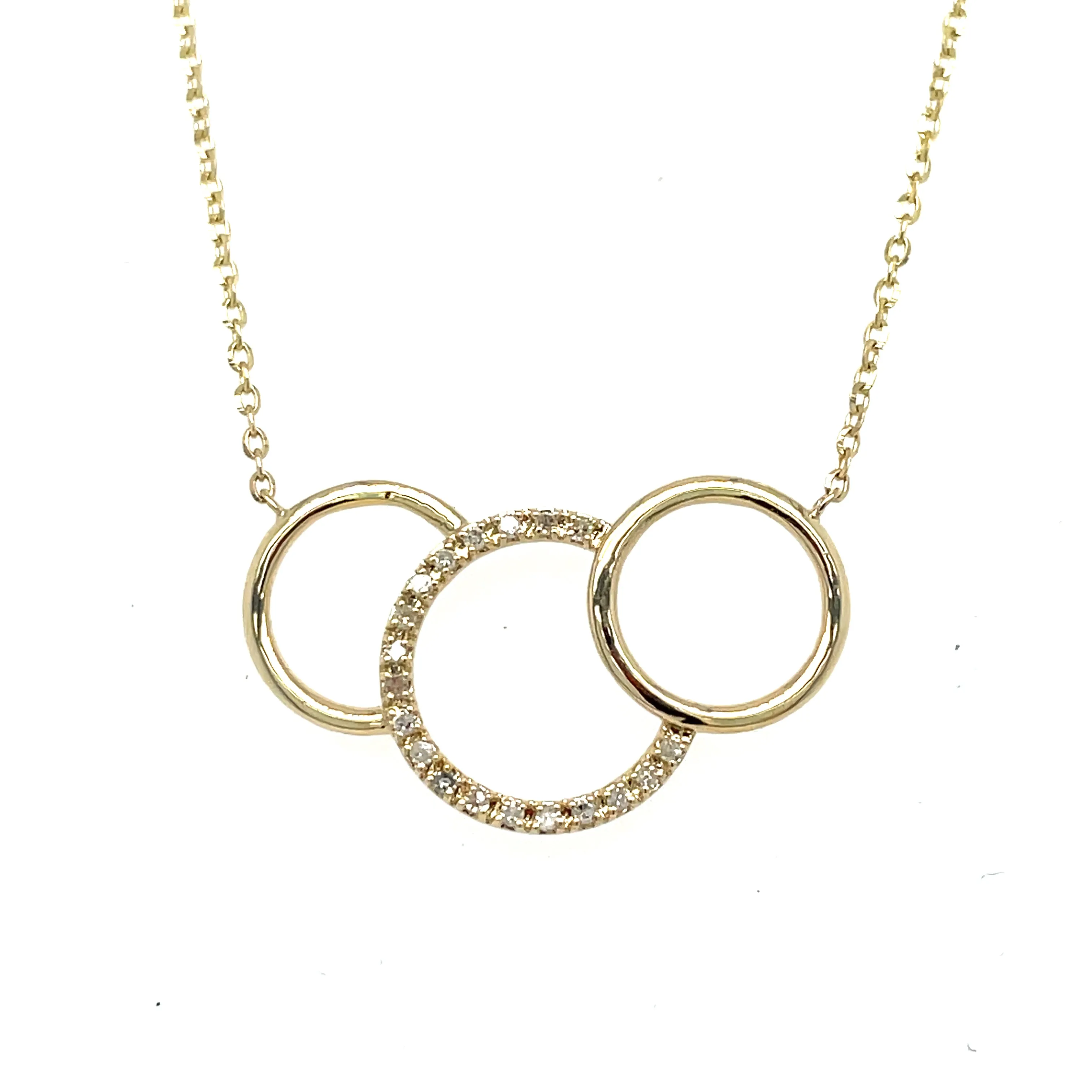 14KY Gold Diamond and Three Circle Necklace 18" Adjustable Chain