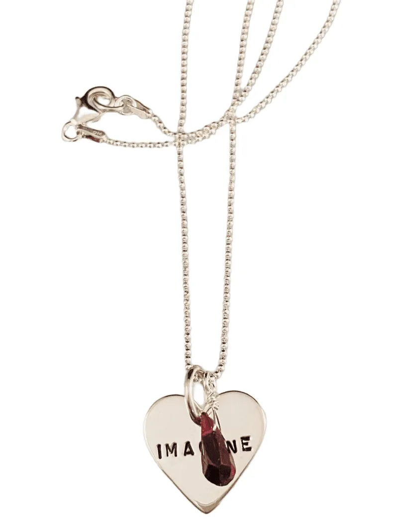 16" Sterling Silver 'Imagine' Heart Necklace with Garnet Gemstone Drop