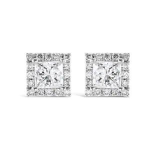 18ct White Gold Princess Cut Diamond Halo Cluster Stud Earrings