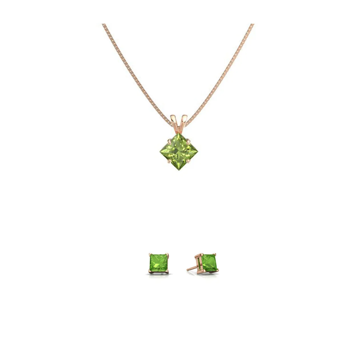 18K Rose Gold 1ct Peridot Square 18 Inch Necklace and Earrings Set Plated