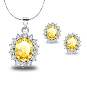 18K White Gold Created Citrine Round 4 Carat Oval Necklace Plated 18 inch