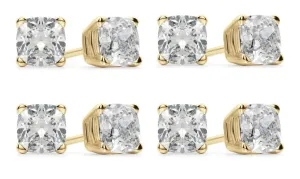 18k Yellow Gold 1/2Ct Cushion Cut White Sapphire Set Of Four Stud Earrings Plated