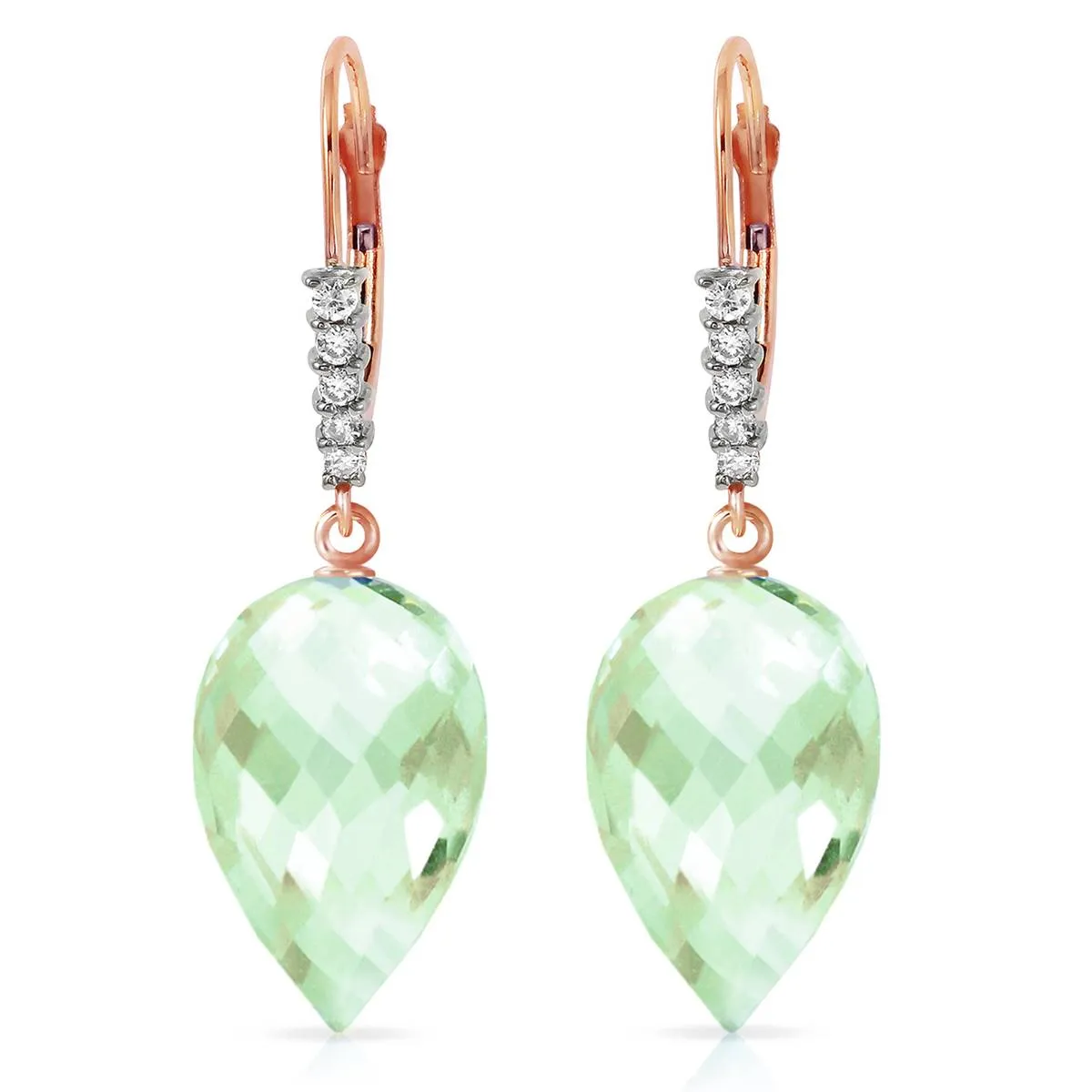 19.15 Carat 14K Solid Rose Gold Drop Briolette Green Amethyst Diamond Earrings