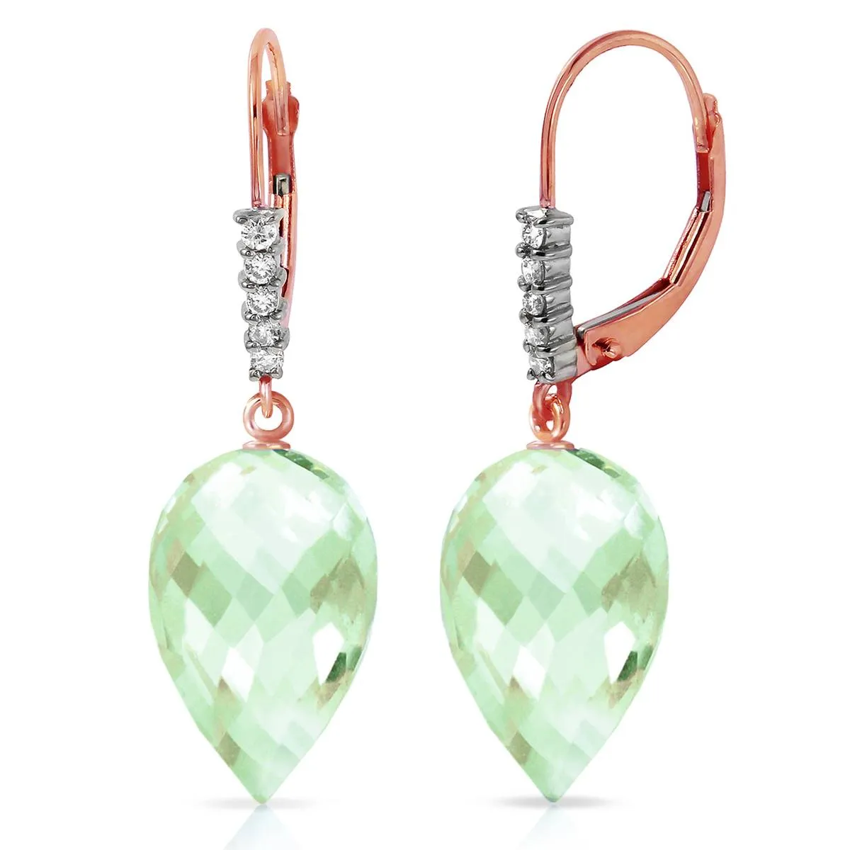 19.15 Carat 14K Solid Rose Gold Drop Briolette Green Amethyst Diamond Earrings