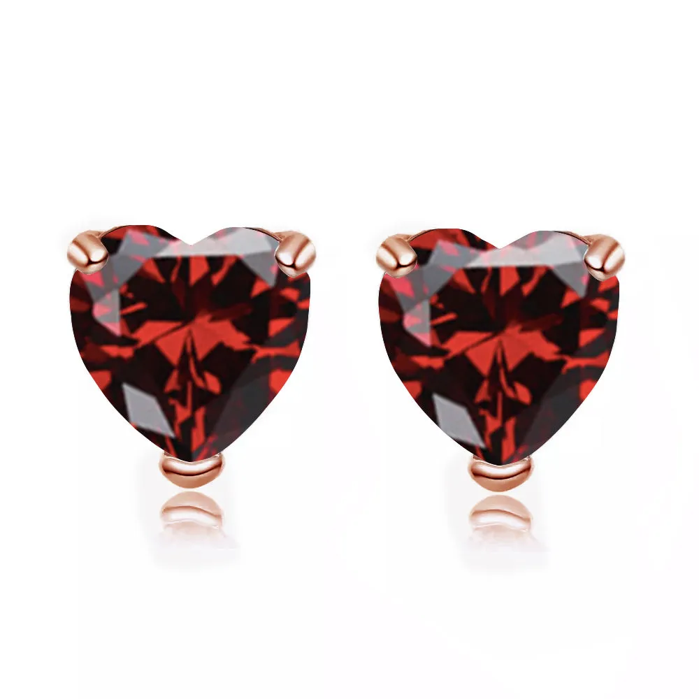 24k Rose Gold Plated 3 Carat Heart Created Garnet Sapphire Stud Earrings