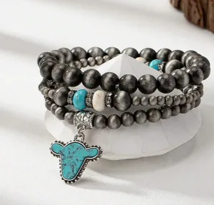 3 Pcs Western Style Turquoise Stone Decor Cow Head Charm Faux Navajo Faux Pearl Stacked Beaded Bracelets Set For Women