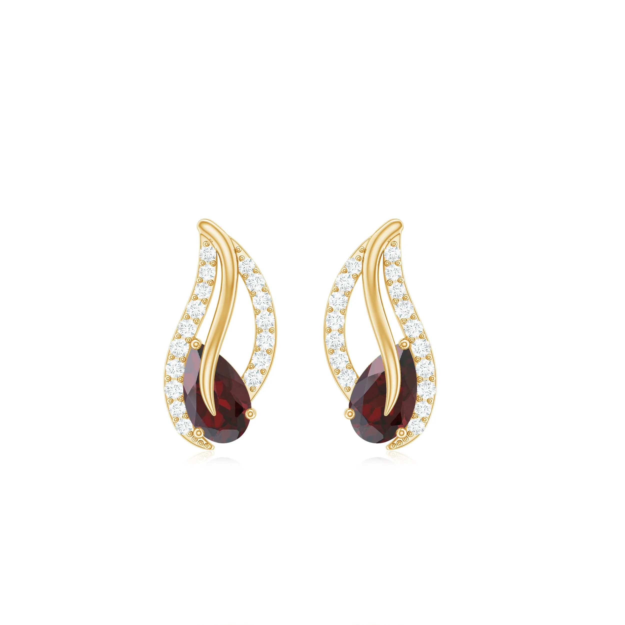 3/4 CT Pear Shape Garnet and Diamond Leaf Stud Earrings