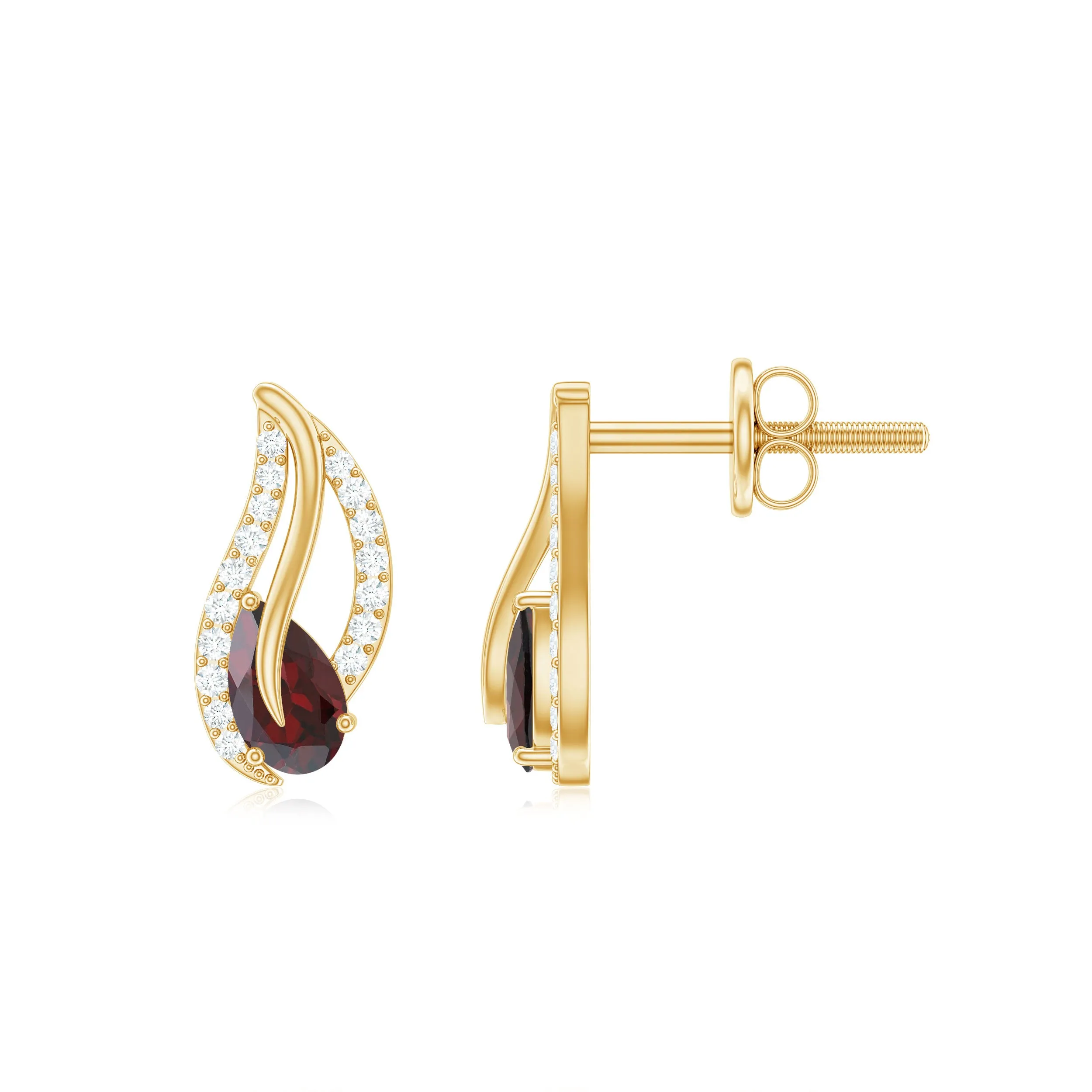 3/4 CT Pear Shape Garnet and Diamond Leaf Stud Earrings